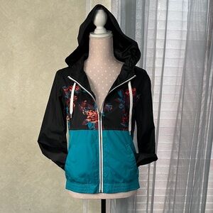 Empyre Black and Teal Floral Utility rain jacket